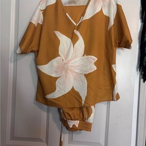 SHEIN Mustard Yellow Floral Elastic-Waist Two-Piece